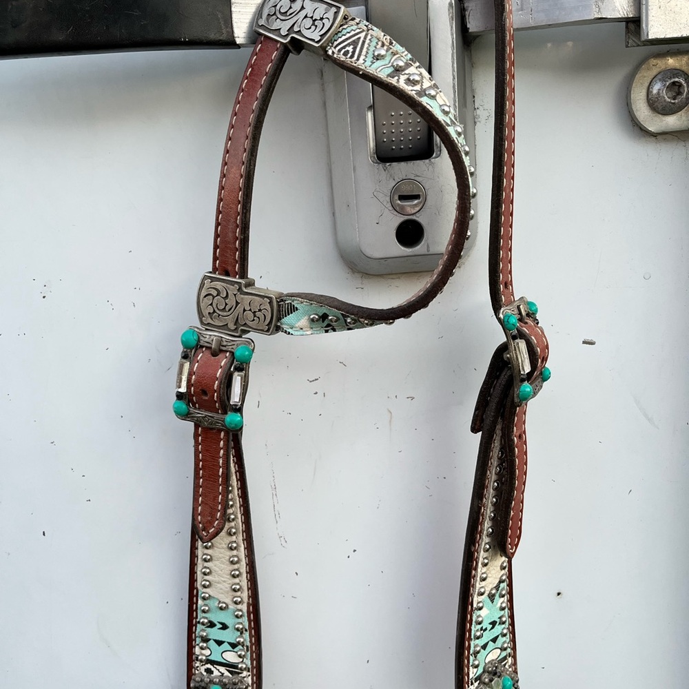 Brown and Turquoise Leather Horse Headstall
